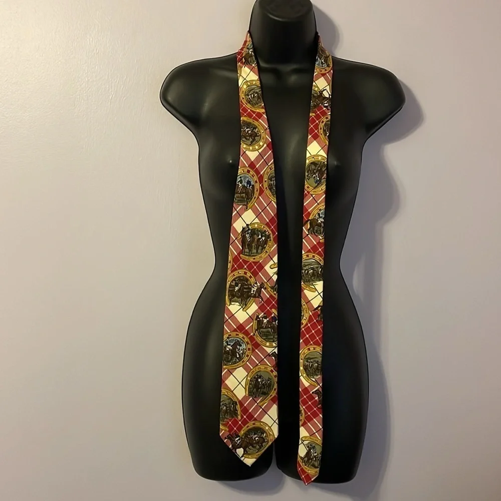 Lands’ End Vintage Horse Racing Horseshoe Plaid 100% Silk Necktie Tie